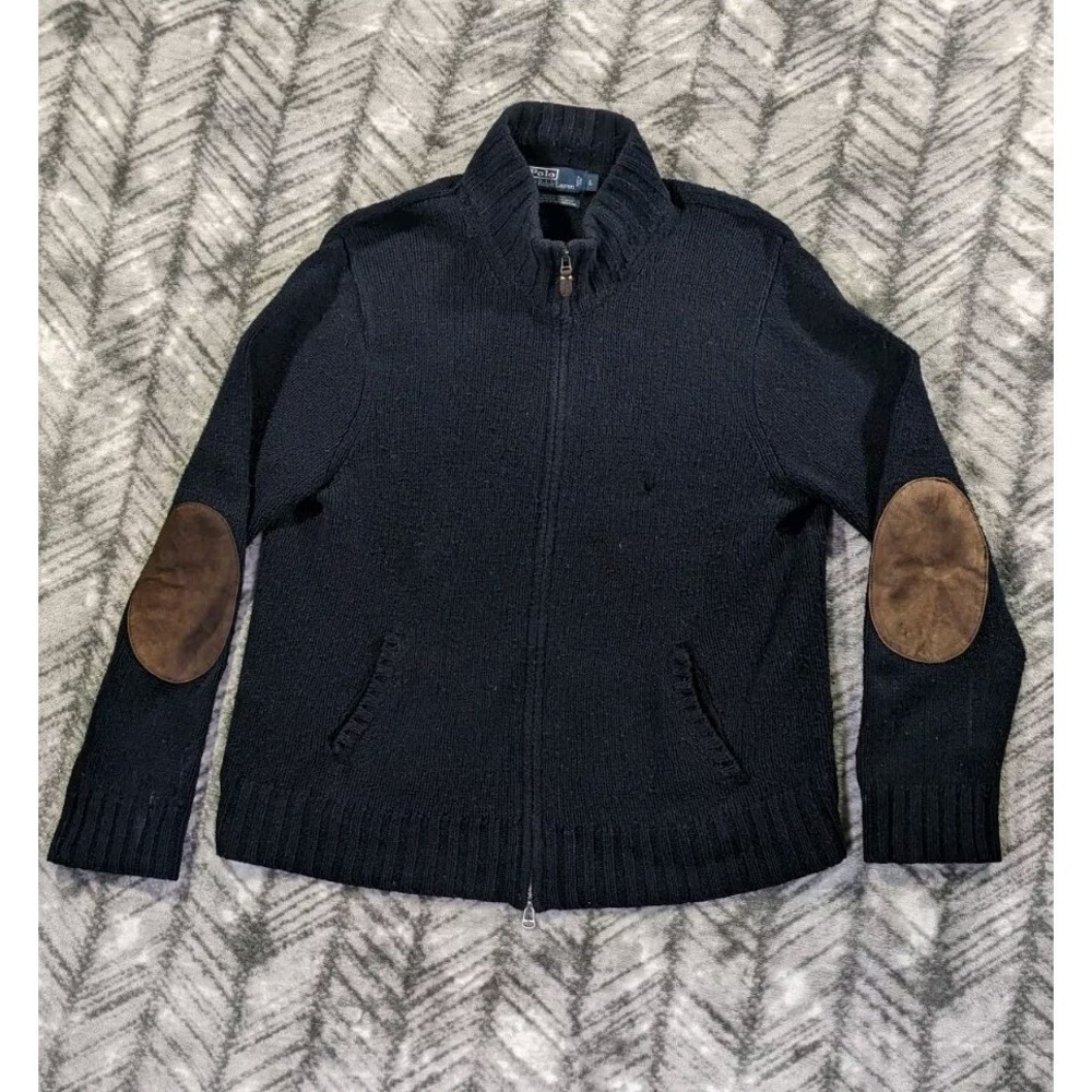 Polo Ralph Lauren Sweater Men XL Blue Full Zip Elbow Patch Loose Knit Hemp Blend